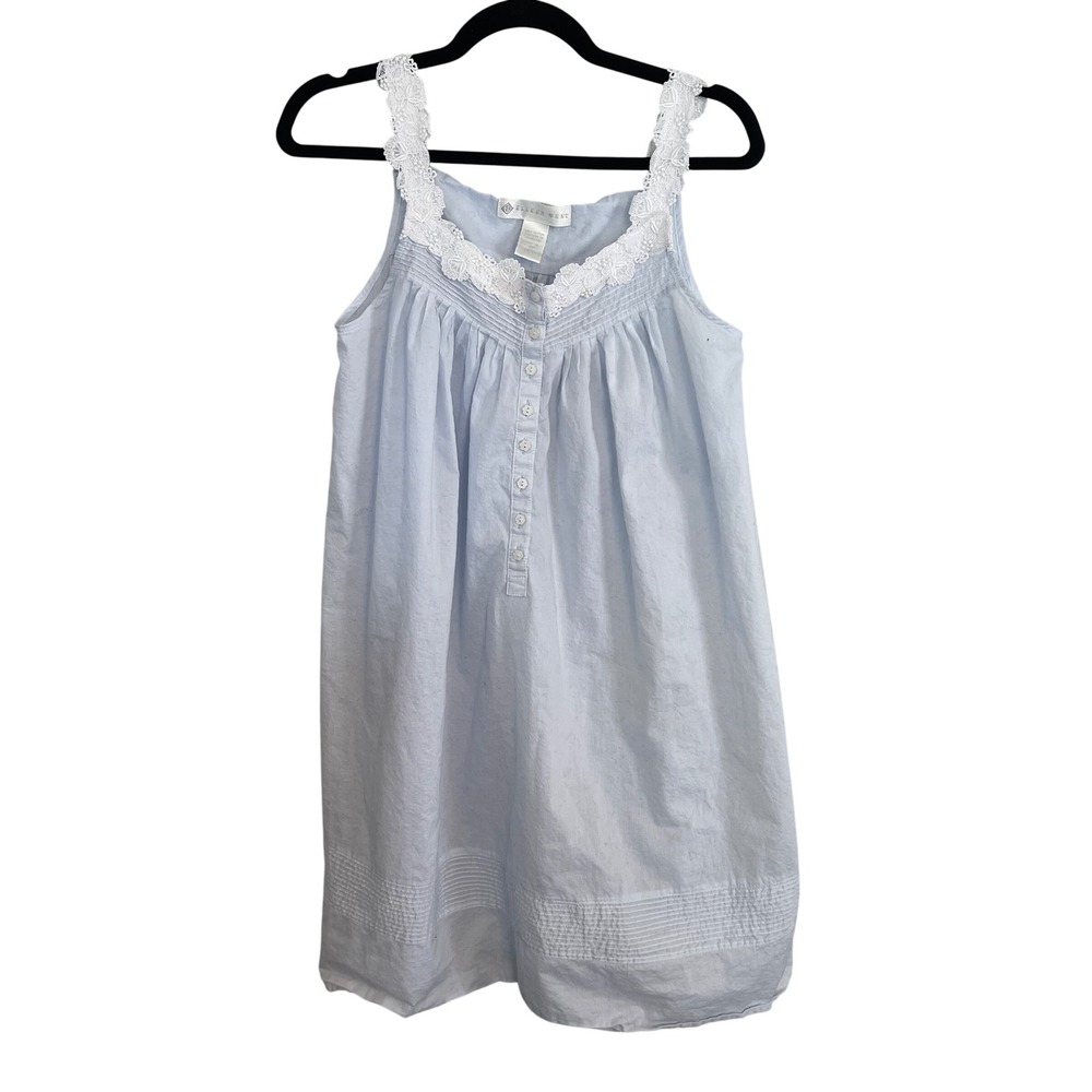 Eileen West Light Blue Cotton Lace Trim Pintuck Nightgown Sleep Dress Small